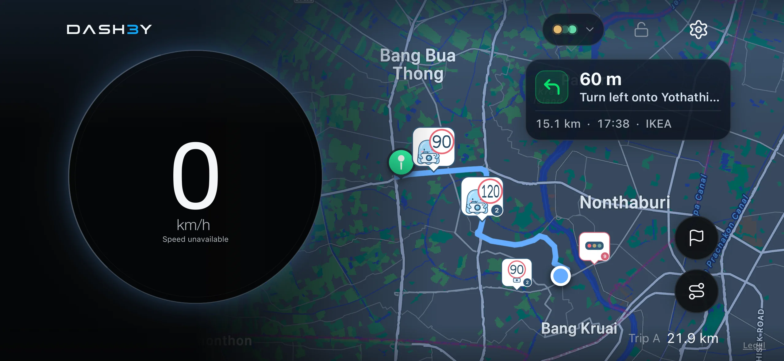 หน้าปัดความเร็วพร้อมแผนที่แสดงตำแหน่งกล้องจับความเร็ว