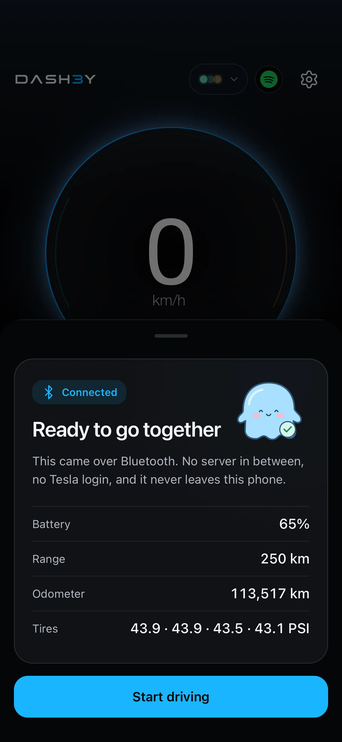 หน้าจอเมื่อเชื่อมต่อ Tesla สำเร็จ แสดงแบตเตอรี่ ระยะทางคงเหลือ เลขไมล์ และแรงดันลมยาง
